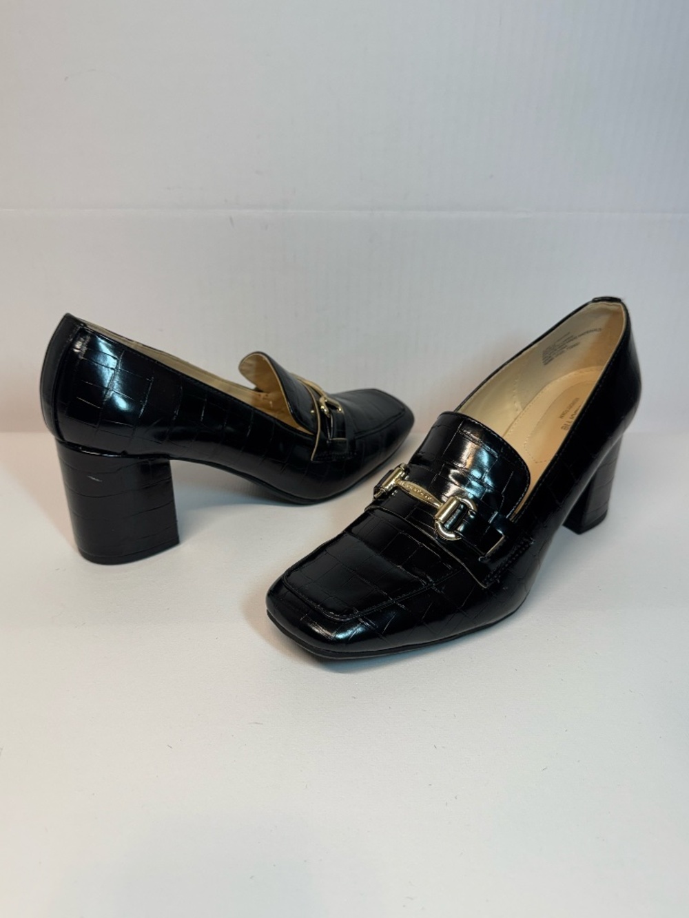Liz Claiborne Morris Black Croc Horsebit Loafer Heels 9.5M